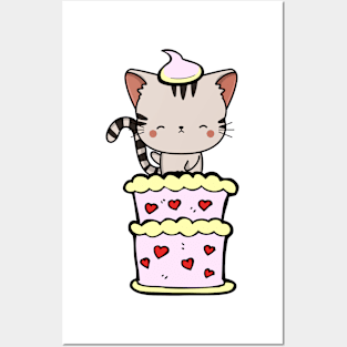 Funny tabby cat jumping out of a cake Posters and Art